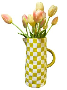 Ceramic Green & White Checkered Pitcher Flower Vase